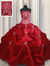  Embroidery Wine Red Sleeveless Taffeta Lace Up Sweet 16 Dress for Military Ball and Sweet 16 and Quinceanera
