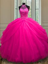 Elegant Halter Top Floor Length Hot Pink Quinceanera Dresses Tulle Sleeveless Beading and Sequins