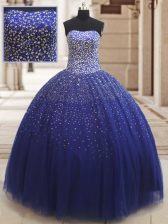 Sexy Royal Blue Ball Gowns Sweetheart Sleeveless Tulle Floor Length Lace Up Beading Sweet 16 Dress