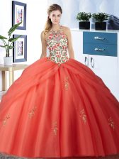 Delicate Orange Red Quinceanera Gown Military Ball and Sweet 16 and Quinceanera with Embroidery and Pick Ups Halter Top Sleeveless Lace Up