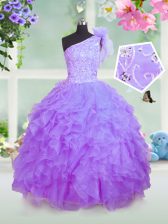  Lavender Ball Gowns One Shoulder Sleeveless Organza Floor Length Lace Up Beading and Ruffles Kids Pageant Dress