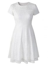 High Quality White Empire Organza Scoop Short Sleeves Lace Tea Length Side Zipper Evening Dress