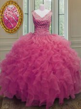 Hot Pink V-neck Zipper Beading and Ruffles Sweet 16 Quinceanera Dress Sleeveless