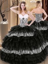 Designer Organza and Printed Sweetheart Sleeveless Lace Up Ruffled Layers and Pattern Ball Gown Prom Dress in Black