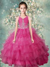 High Quality Halter Top Ruffled Floor Length Ball Gowns Sleeveless Rose Pink Kids Pageant Dress Zipper