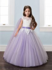 Excellent Lavender Ball Gowns Tulle Scoop Short Sleeves Beading and Lace and Belt Zipper Little Girls Pageant Dress Watteau Train