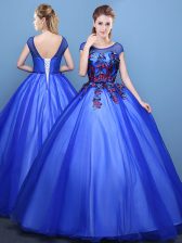 Comfortable Royal Blue Scoop Neckline Appliques Sweet 16 Dress Cap Sleeves Lace Up