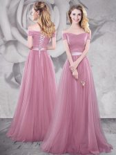 Pretty Off the Shoulder Pink Short Sleeves Tulle Brush Train Lace Up Prom Dress for Prom and Party