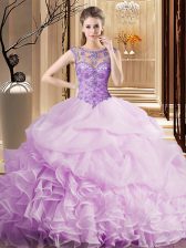 Glorious Lilac Lace Up Scoop Beading and Ruffles and Pick Ups Quince Ball Gowns Organza Sleeveless Brush Train