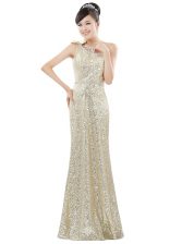 Pretty One Shoulder Champagne Sequined Zipper Prom Dress Sleeveless Floor Length Beading and Sequins
