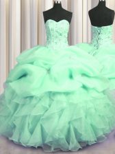 Latest Visible Boning Apple Green Ball Gowns Organza Sweetheart Sleeveless Beading and Ruffles Floor Length Lace Up 15 Quinceanera Dress