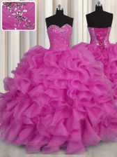  Sleeveless Organza Floor Length Lace Up Sweet 16 Dress in Fuchsia with Beading and Ruffles