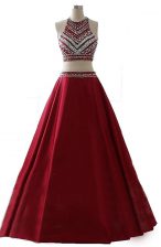 Stunning Wine Red A-line Chiffon Scoop Sleeveless Beading Floor Length Zipper Prom Gown