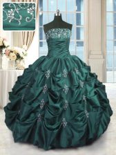  Sleeveless Floor Length Beading and Appliques and Embroidery and Pick Ups Lace Up Quince Ball Gowns with Peacock Green