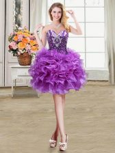 Dazzling Mini Length Lace Up Prom Party Dress Eggplant Purple for Prom and Party with Beading and Ruffles