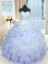 Low Price Lavender Organza Lace Up Sweetheart Sleeveless Floor Length Quince Ball Gowns Beading and Ruffles