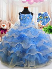 Amazing Blue Ball Gowns Beading and Ruffled Layers Child Pageant Dress Zipper Organza Sleeveless Floor Length