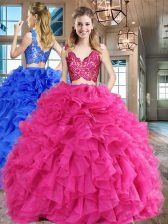 Cheap Hot Pink Organza Zipper V-neck Sleeveless Floor Length 15th Birthday Dress Lace and Ruffles
