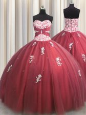  Floor Length Lace Up Quinceanera Gown Wine Red for Military Ball and Sweet 16 and Quinceanera with Beading and Appliques