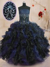 Flare Blue And Black Sleeveless Beading and Ruffles Floor Length Quinceanera Dresses