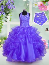  Blue Lace Up Halter Top Beading and Ruffled Layers Little Girls Pageant Dress Organza Sleeveless