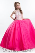  Scoop Sleeveless Floor Length Beading Zipper Little Girls Pageant Gowns with Hot Pink