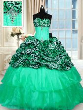  Printed Sleeveless Sweep Train Lace Up Beading and Ruffled Layers Ball Gown Prom Dress