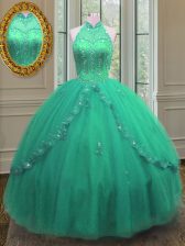 Beautiful Turquoise Sleeveless Floor Length Beading and Appliques Lace Up Sweet 16 Dress