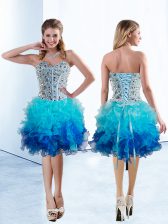 Most Popular Multi-color A-line Organza Sweetheart Sleeveless Beading and Ruffles Knee Length Lace Up Dress for Prom