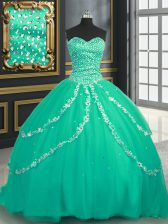  Turquoise Ball Gowns Beading and Appliques Sweet 16 Dress Lace Up Tulle Sleeveless With Train