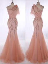 Noble One Shoulder Peach Column/Sheath Beading and Hand Made Flower Prom Gown Zipper Tulle Sleeveless