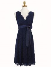 Best Lace Navy Blue V-neck Zipper Sashes ribbons and Bowknot Prom Dresses Sleeveless