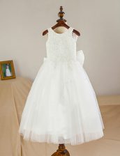 Fancy White A-line Scoop Sleeveless Tulle Floor Length Zipper Lace and Bowknot Flower Girl Dresses for Less