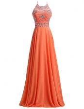  Scoop Orange Red Zipper Dress for Prom Beading and Belt Sleeveless Sweep Train