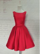 Amazing Backless Bateau Sleeveless Evening Dress Knee Length Ruching and Bowknot Red Satin