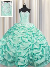  Brush Train Sleeveless Taffeta Floor Length Lace Up Quinceanera Gowns in Apple Green with Beading and Pick Ups