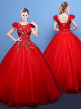Spectacular Scoop Red Ball Gowns Appliques Quinceanera Gowns Lace Up Tulle Short Sleeves Floor Length