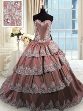 Great With Train Brown Quince Ball Gowns Taffeta Court Train Sleeveless Beading and Appliques and Ruffled Layers