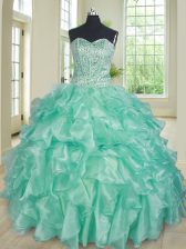 Great Apple Green Organza Lace Up Quinceanera Gown Sleeveless Floor Length Beading and Ruffles
