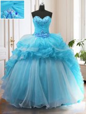  Organza Sweetheart Sleeveless Sweep Train Lace Up Beading and Ruffled Layers 15th Birthday Dress in Baby Blue