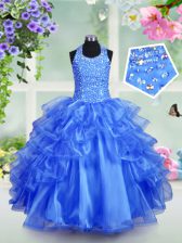 Fashionable Halter Top Royal Blue Sleeveless Beading and Ruffled Layers Floor Length Pageant Gowns For Girls