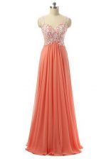  Watermelon Red Zipper Prom Dresses Beading and Appliques Sleeveless Floor Length