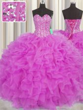  Visible Boning Fuchsia Sleeveless Beading and Ruffles Floor Length Sweet 16 Dresses