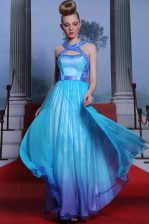 Classical Blue Prom Dress Prom with Beading and Belt Scoop Sleeveless Zipper