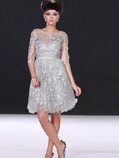  Silver 3 4 Length Sleeve Knee Length Beading and Lace Zipper Dress for Prom