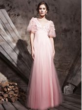 Decent Chiffon Half Sleeves Floor Length Prom Dress and Lace and Appliques