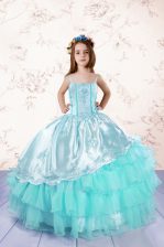  Ruffled Floor Length Turquoise Little Girls Pageant Dress Spaghetti Straps Sleeveless Lace Up
