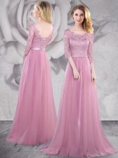  Pink Empire Tulle Scoop Half Sleeves Lace and Ruching With Train Lace Up Prom Evening Gown Brush Train