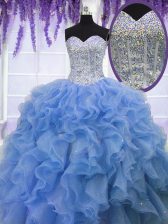 Spectacular Blue Sweetheart Lace Up Beading and Ruffles Ball Gown Prom Dress Sleeveless