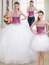 Great Three Piece Beading Quinceanera Gown White Lace Up Sleeveless Floor Length